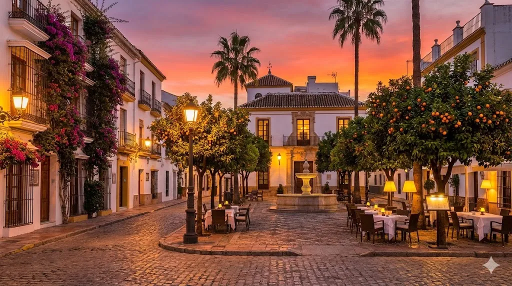 A cobbled square in Marbella's Old Town at dusk, lit by lamplight with orange trees